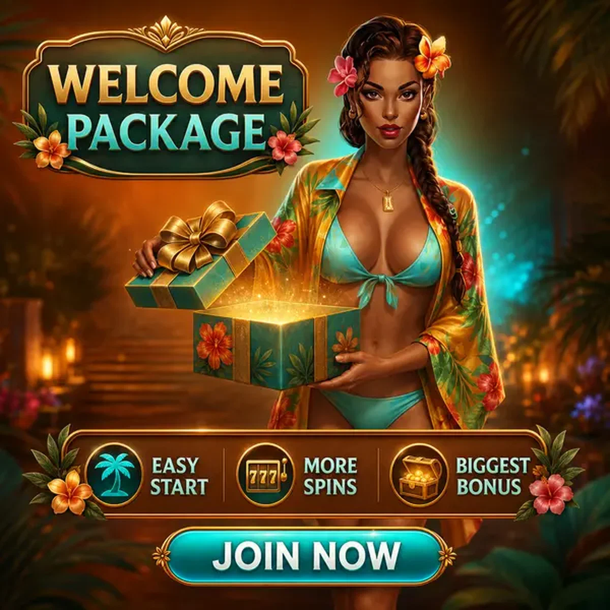 Gambloria Hostess präsentiert Willkommensbonus-Geschenk mit elegantem tropischem Styling