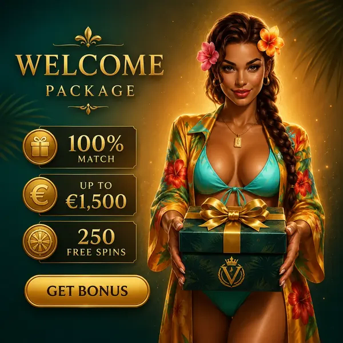 Elegante Gastgeberin präsentiert Gambloria Willkommensbonus-Paket mit goldener Geschenkbox