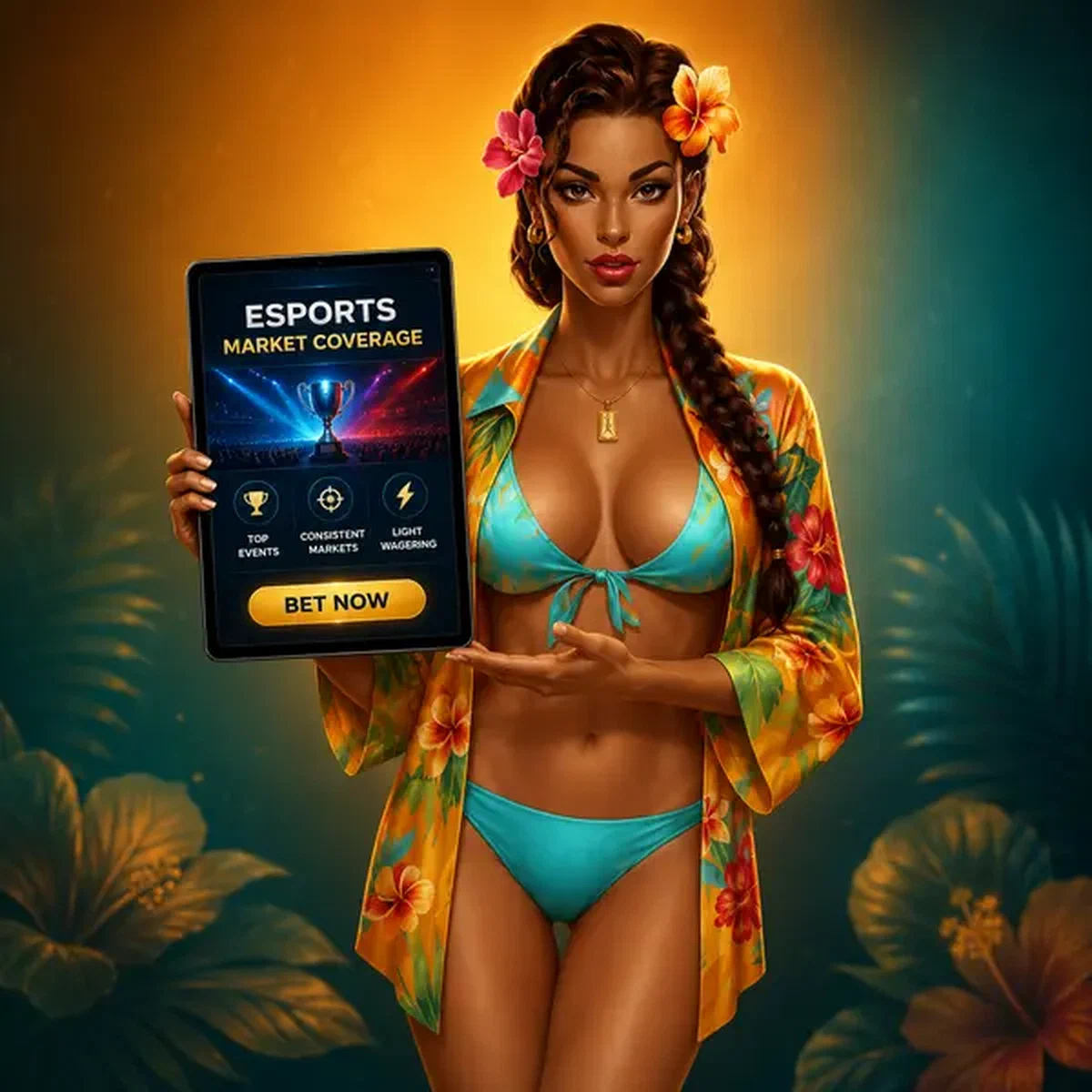 Elegante Gastgeberin präsentiert Esport-Wettoptionen an Gamblorias schlanker digitaler Oberfläche