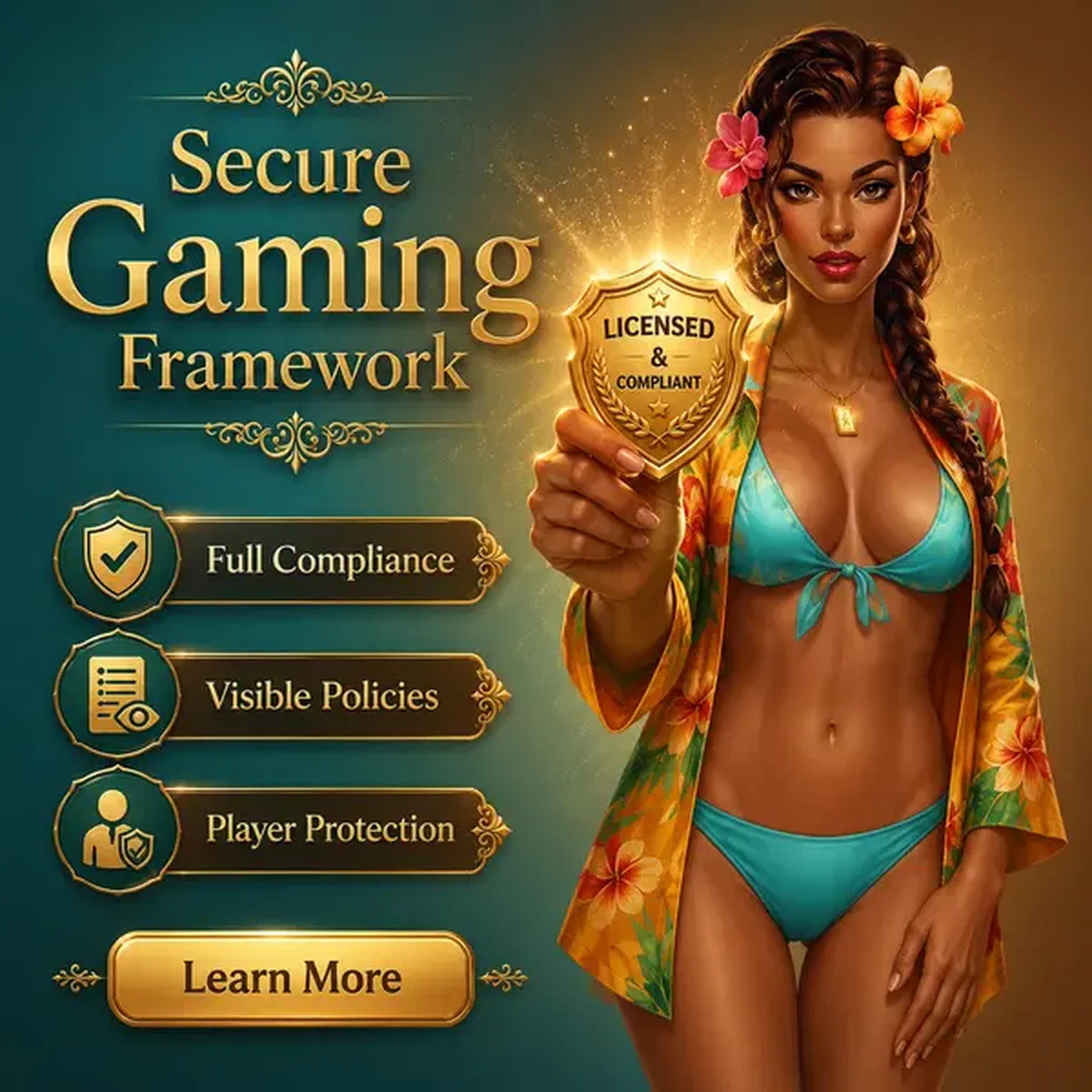 Villa-Gastgeberin präsentiert goldenes KYC-Abzeichen am sicheren Portal des Anjouan Gaming License Framework