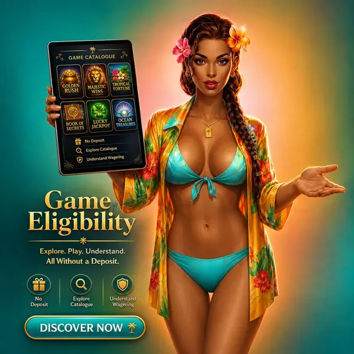 Villa-Hostess präsentiert Tablet mit Spielkatalog zur Erkundung des No Deposit Bonus