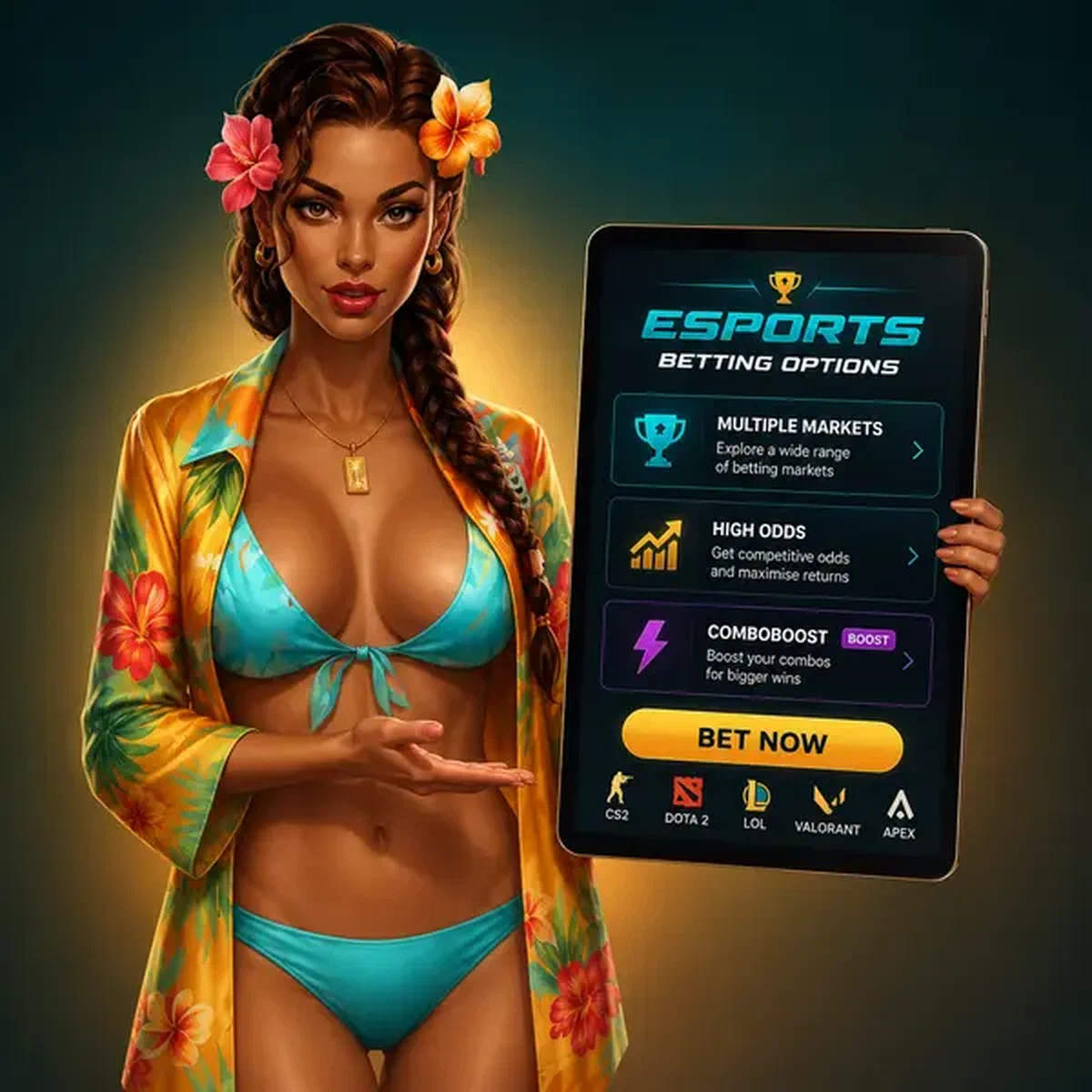 Villa-Gastgeberin präsentiert Esport-Wettmärkte auf leuchtendem Tablet an Gaming-Station