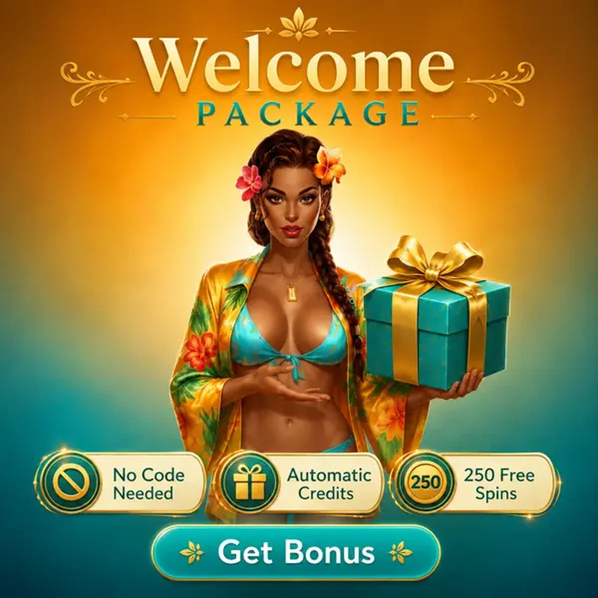 Villa-Hostess präsentiert Promo-Code-Geschenkbox bei Welcome Package vs Manual Code Bonuses Casino