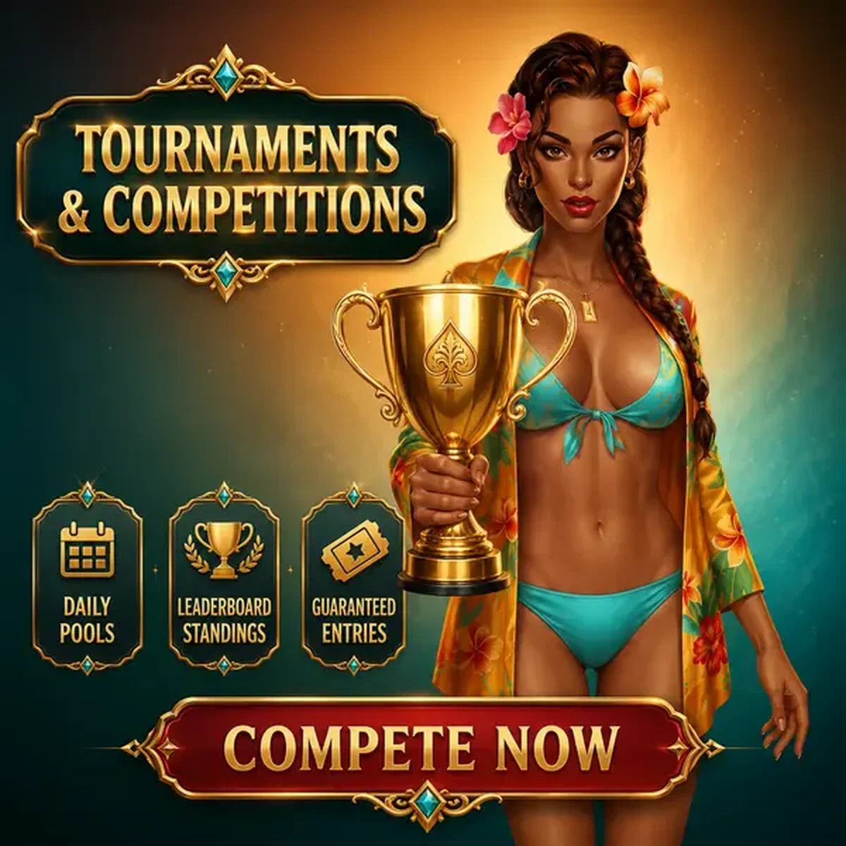 Hôtesse de tournoi présentant le trophée doré à l'arène des Tournois et Compétitions Gambloria
