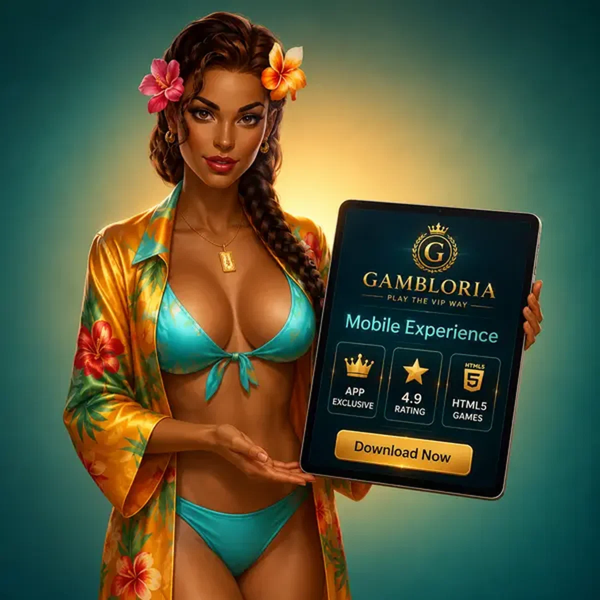 Elegante Gastgeberin präsentiert Gambloria mobile App mit exklusiven Funktionen und Premium-Design